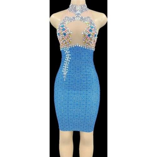 Fashion Multicolor Rhinestone Pearls Party Dress Women Sexy Birthday Prom Bodycon Dress Club Dancer Short Dress Stage Costumes