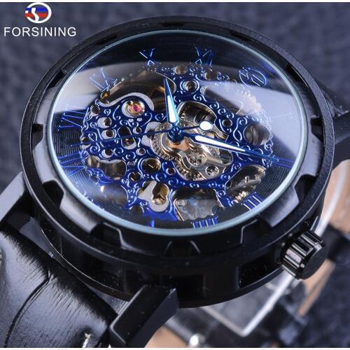 Forsining Mens Mechanical Watch Blue Black Skeleton Dial Automatic Self-wind Movement Genuine Leather Fashion Gear Bezel Design