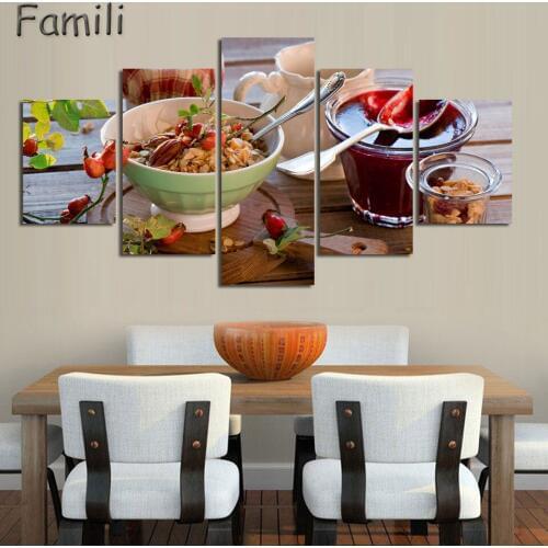 5Picture Jam And Food And Cup Of Modern Canvas Print Painting Wall Art Picture For Kitchen Room Decoration Artwork Unframed