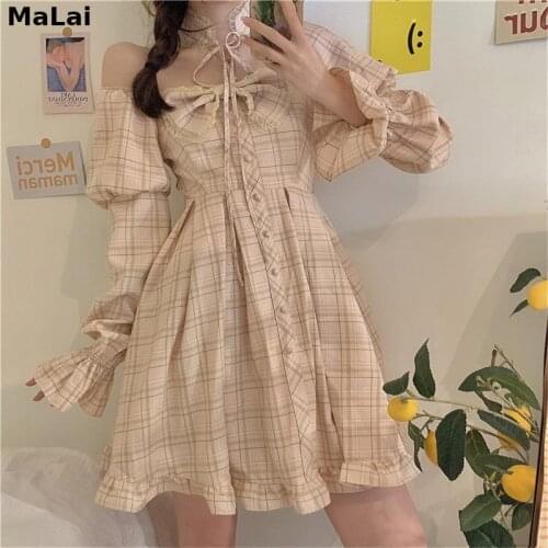 New Japanese Lolita Style Autumn Women Princess Dress S Puff Sleeve Cute Kawaii Ruffles Dress Quare Collar Plaid Bow Fairy Dress