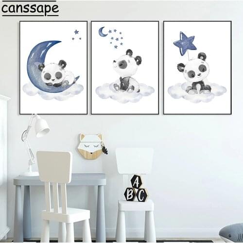 Nursery Posters And Prints Panda Painting Stars Poster Cloud Moon Print Nordic Wall Paintings Baby Kids Bedroom Decoration