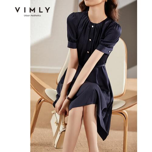 VIMLY New Summer Women Chiffon Dresses Fashion Pleated O Neck Dress Elegant A-line Short Sleeve Vintage Vestido Female F8228