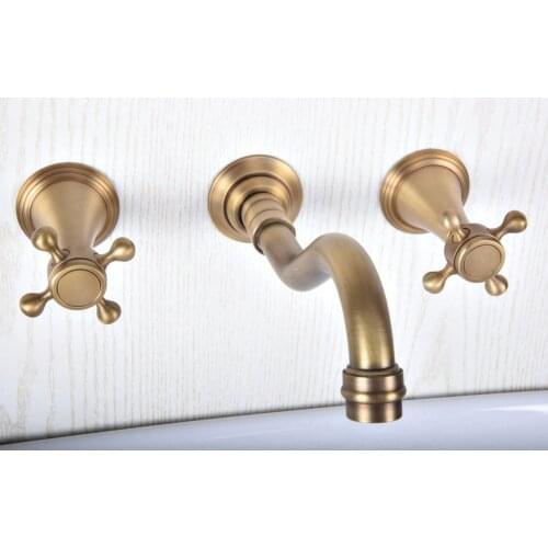 Retro Antique Brass Double Cross Handle Wall Mount 3 Hole Widespread Bathroom Lavatory Vessel Basin Faucet Sink Mixer Tap dsf513