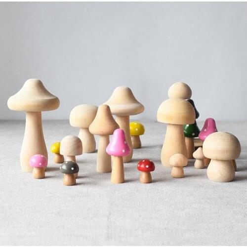 Creative DIY Painted Wood Wooden Small Mushroom Set Childrens Toys Home Car Ornaments Sulptures Home Decor 6pcs/Set Various Size