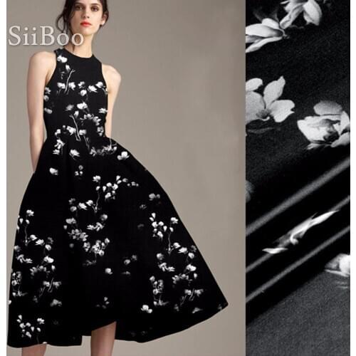 Designer black with floral print spandex silk fabric for dress stretch silk tissue cloth tela tejido 19mm SP3882 Free Shipping