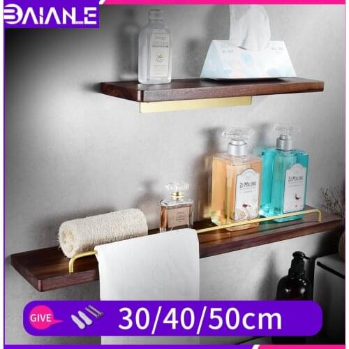 Modern bathroom walnut wood shelf rack wall mounted waterproof 50cm storage shelves shower aluminum shampoo towel rack