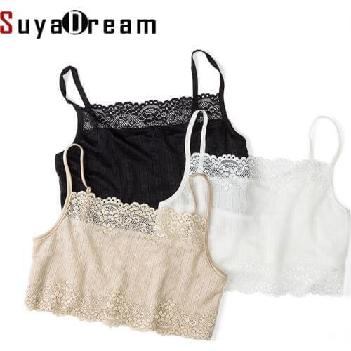 SuyaDream Women Tube Top 100% Natural Silk and Lace Bandeau Adjustable Shoulder tape New Healthy Underwear Beige Black White