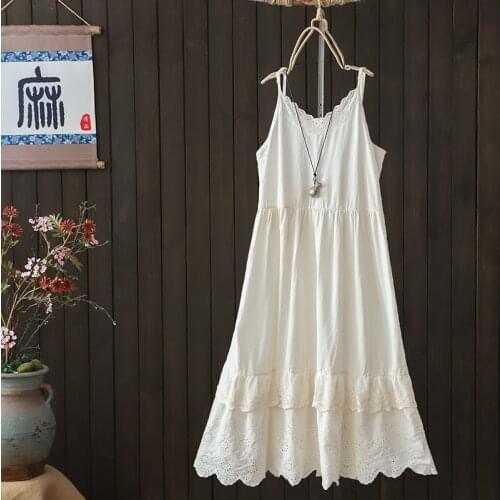 TIYIHAILEY Free Shipping Loose Cotton Embroidery Summer Long Mid-Calf Sleeveless White Black Dress Japan Style Spaghetti Strap