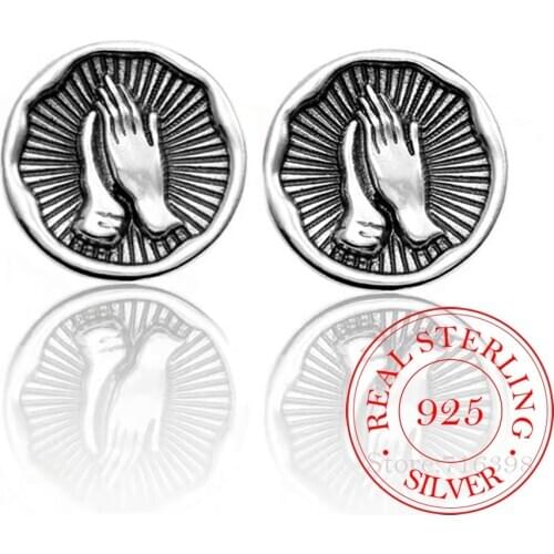 Vintage 925 Sterling Silver Round Praying Hand Stud Earrings For Women Kids Wedding Gift Female pendientes