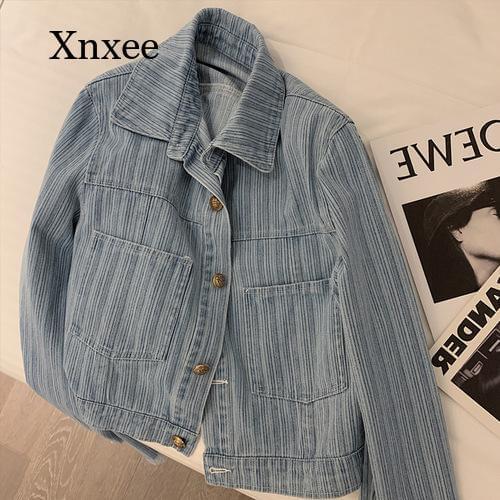 2021 Spring and Summer Womens Fringed Denim Jacket Retro Blue Striped Streetwear Jacket Korean Chic Jacket Women