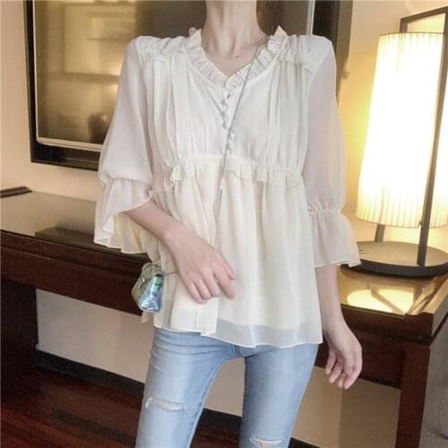 Bella Philosophy 2020 Spring solid Women Elegant V-neck half Sleeve Shirt Lady Ruffles Chiffon Blouse Female Botton Casual Tops