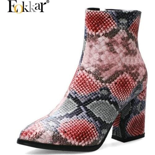 Eokkar 2020 Women Ankle Boots Snake Animal Print Winter Boots Pointed Toe Zipper Hoof Heels All Match Ladies Boots Size 34-43