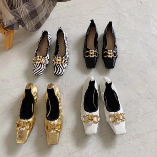 Spring New Arrivals Square Toe Women Flats Slip On Shallow Slides Metal Design Fashion Western Shoes Gold Black White Size 35-39