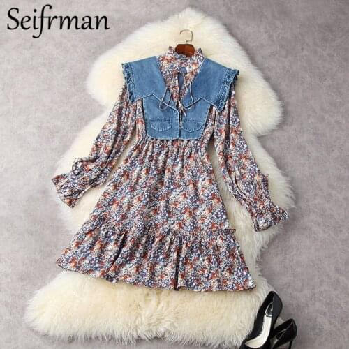 Seifrmann New 2021 Summer Women Fashion Designer 2 Pieces Set Cowboy Shawl + Lantern Sleeve Ruffles Floral Print A-Line Dresses