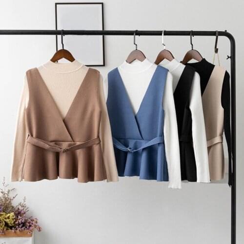 Autumn Winter Women Clothes Sets Elegant Solid Pullover Knitted Long Sleeve Sweater + Slim Wool Vest 2 Piece Set Women JW9730