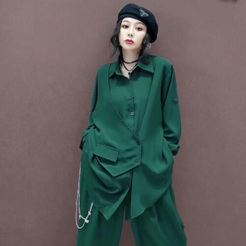 Wide Leg Pants Irregular Big Size Two Piece Suit 2021 New Lapel Long Sleeve Loose Fit Women Fashion Spring Autumn 2-piece Set