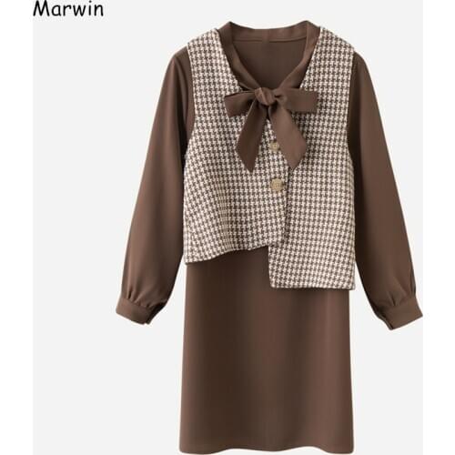 Marwin New-Coming Winter Loose Full Sleeve Plaid Vest Solid Dresses High Street Style Bow Collar Mid-Calf Length Women Dresses