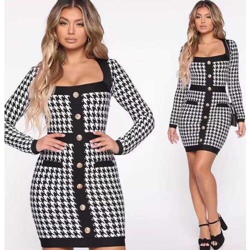 Wholesale 2020 New womans dress Autumn And Winter Long sleeve Jacquard Sexy celebrity cocktail party bandage dress