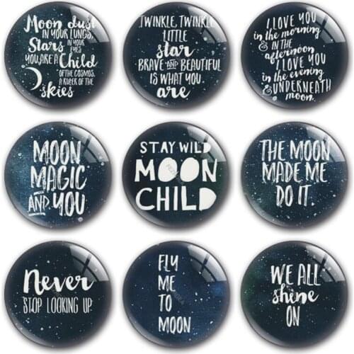 Starry sky moon glass cabochon, good night blue word and letter Round photo glass cabochon demo flat back Making findings