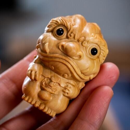 3/5CM Boxwood Cartoons Lion Wood Statue Pendant Collection Feng Shui Lucky Animal Sculpture Home Decor