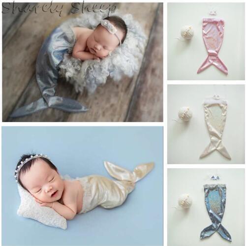 3Pc Mermaid Set Newborn Photography Props Baby Girl Beach Theme Photoshoot Posing Outfits Clothes Baby foto shooting Shell Prop