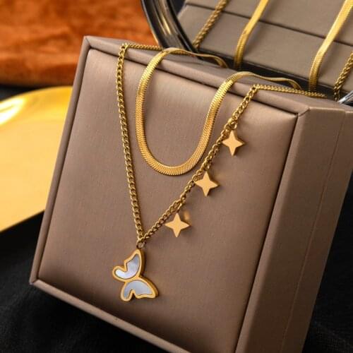 316L Stainless Steel Fashion Upscale Jewelry 2 Layer Shell Butterfly Stars Charms Thick Chain Choker Necklaces Pendant For Women