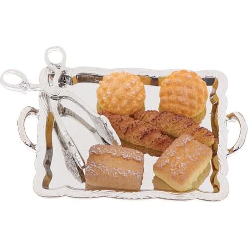 8Pcs/Set 1:12 Cute Miniature Dollhouse Miniature Accessories Silver Tray + Silver Clip + 6 Breads Kitchen Toy Accessories