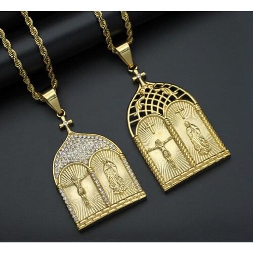 Hip Hop Bling Iced Out Rhinestones Stainless Steel Church Virgin Mary Jesus Pendant Necklace for Men Rapper Jewelry