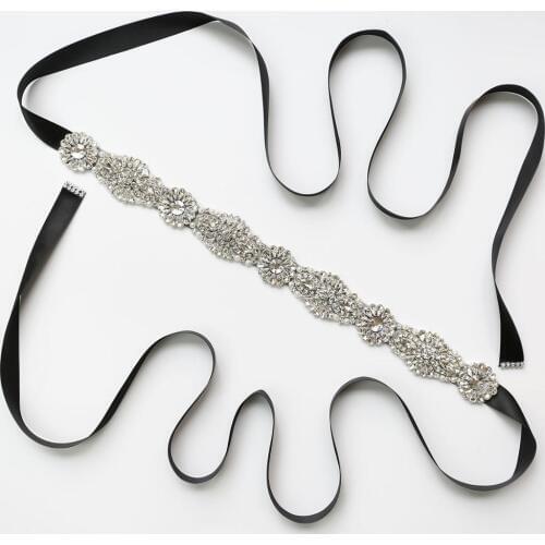 Black Ribbon Wedding Belt Sash For Bridal Bridesmaids Dresses Silver Rhinestones Bridal Belt Clear Crystal Hot Fix On Patch