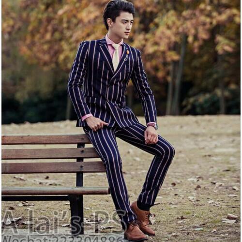 Male formal wedding dress singer stage blue stripe blazer pants suits groom suit ternos slim masculino jaqueta jacket + pants