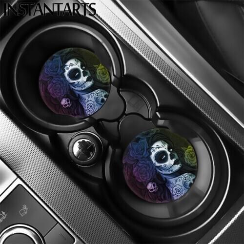 INSTANTARTS Floral Day of the Dead Sugar Skull Pattern Set of 2 Drink Cuo Mat for Car Stylish Car Accessories Car Coasters New