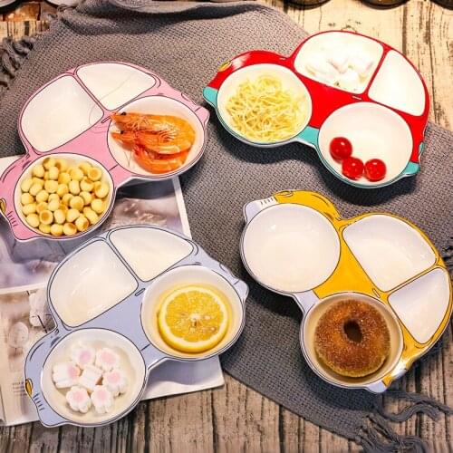 New Childrens Ceramic Tableware Creative Cartoon Car Bowl Cute Grid Plate Baby Bone China Household Snack Bowl With Fork Spoon