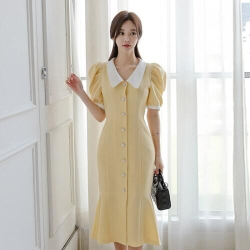New arrival fashion mermaid dress women elegant summer vintage puff sleeve pearl button temperament young fresh yellow dress