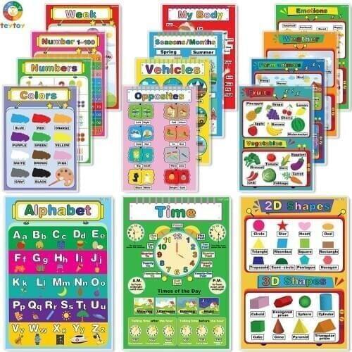TEYTOY Educational Posters, 15pcs Laminated Poster for Toddler and Kid, Learning Numbers Shapes Colors Alphabet Poster Set