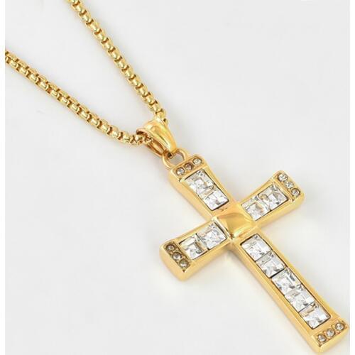 Gold color stainless steel Big CZ stones cross pendant necklace men women religious Christian cross necklace jewelry fashion