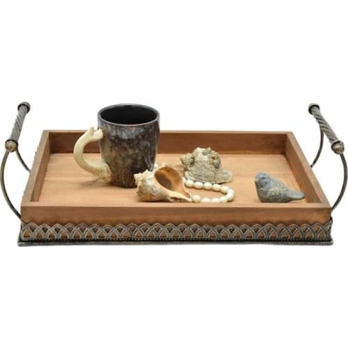 European Style Wrought Iron Solid Wood Tray Desktop Storage Rack Home Decoration Retro Style Coffee Tray Bar Tea House