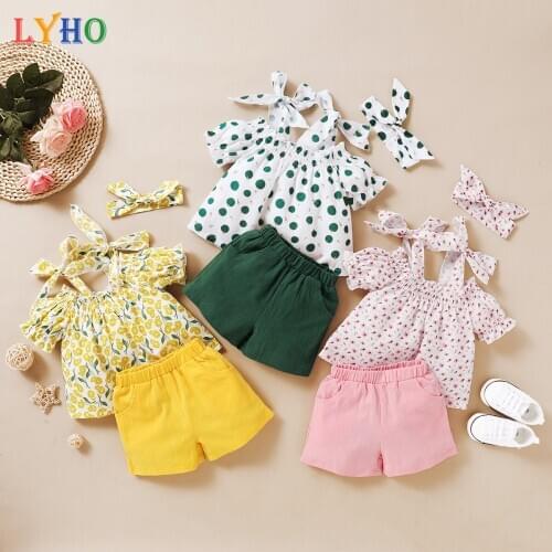 LYHO Girl Crop Tops Shirt Girl Clothes Sets 2021 Spring New Short Sleeve Floral Print Jacket Solid Color Shorts Set Kids Fashion