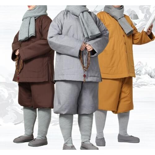 Unisex cotton coffee/yellow/gray Winter warm buddhist shaolin monk kung fu suits zen lay clothing buddha uniforms
