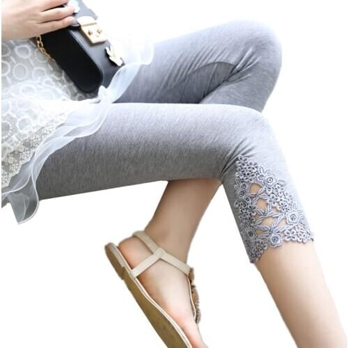 LJCUIYAO Women Summer Hollow Lace Stretch Leggings Sports Fitness Skinny Pants Crop 3/4 Length Leggings Capri Cropped Modal Pant