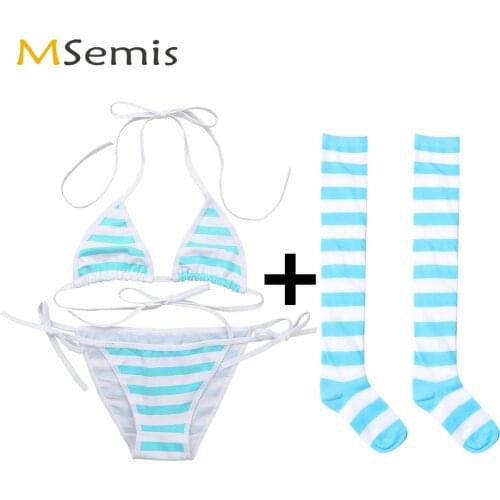 Women Sexy Nightwear Kawaii Japanese Style Stripes Bikini Strappy Bra with G-String Stockings Lingerie Set Femme Erotic Costume