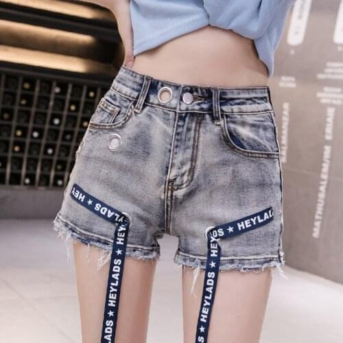 2021 Summer Denim Women Shorts Harajuku Letter Webbing Metal Hole High Waist Female Short Pocket Blue A-Line Loose Pant Hot Sale