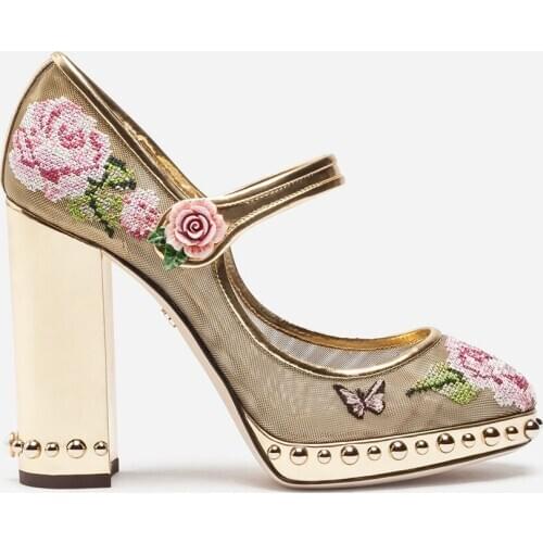 Mesh Embroider Floral Women Pumps Brand Design Round Toe Women Wedding Dress Shoes Runway Rivet 10.5cm Square Heel Mary Janes