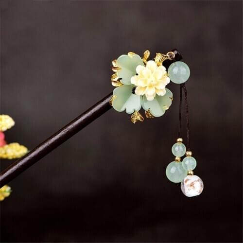 Women Hair Jewelry Glass Glazed Flower Chinese Hairpin Ethnic Hair Stick with Stone Tassel Bride Accessories Gift