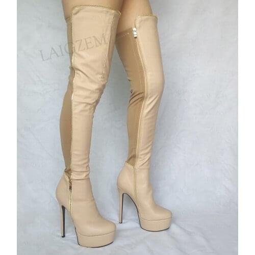 SEIIHEM Women Thigh High Boots Full Zip Up Thin High Heels Over Knee Boots Patchwork Platform Shoes Woman Big Size 41 43 47 52