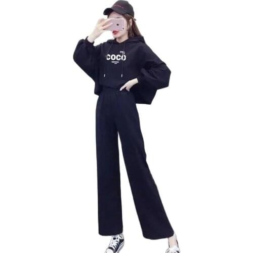 Spring and Autumn Fashion Suit Women 2021 New Korean Hooded Long Sleeve Sweater Loose Wide Leg Pants Casual Two Piece Set Women