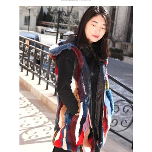 New Womens real genuine natural rex rabbit Fur vest with hood fashion multi-color Jacket gilet warm winter custom any size