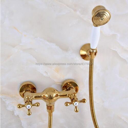 Golden Bathroom Shower Faucet Mixer Tap With Hand Held Shower Head Set Double Handles Wall Mounted Bathroom Faucet Nna969