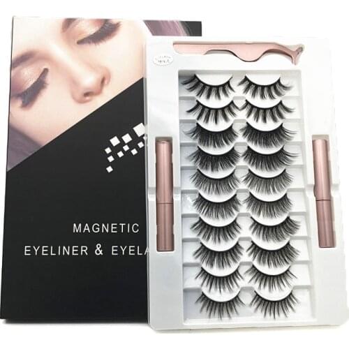 10 pairs of magnet eyelashes, two magnetic eyeliners + eyelash curler, 3D mink false eyelashes, waterproof and durable, reusable
