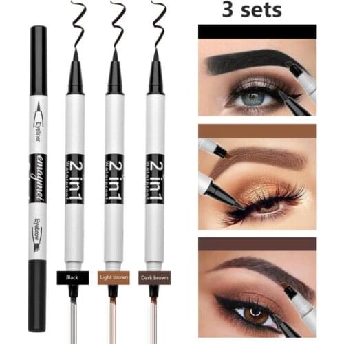 3Pc Double-headed Eyebrow and Eyeliner Pen Waterproof Smooth Liquid Eyeliner Long-lasting 4 Fork Eyebrow Perfect Makeup TSLM1