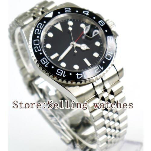 40mm Parnis Black Sterile Dial Black Ceramic Bezel Jubilee Style Strap GMT date window automatic mens watch